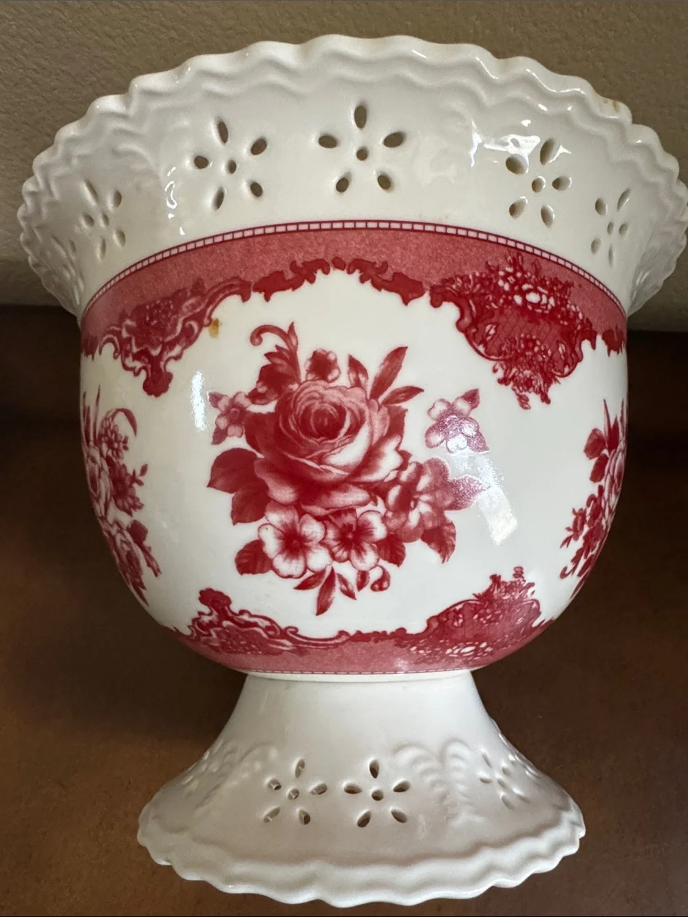 Vintage White Ceramic Pedestal Vase Planter Compote with Red Floral Pattern